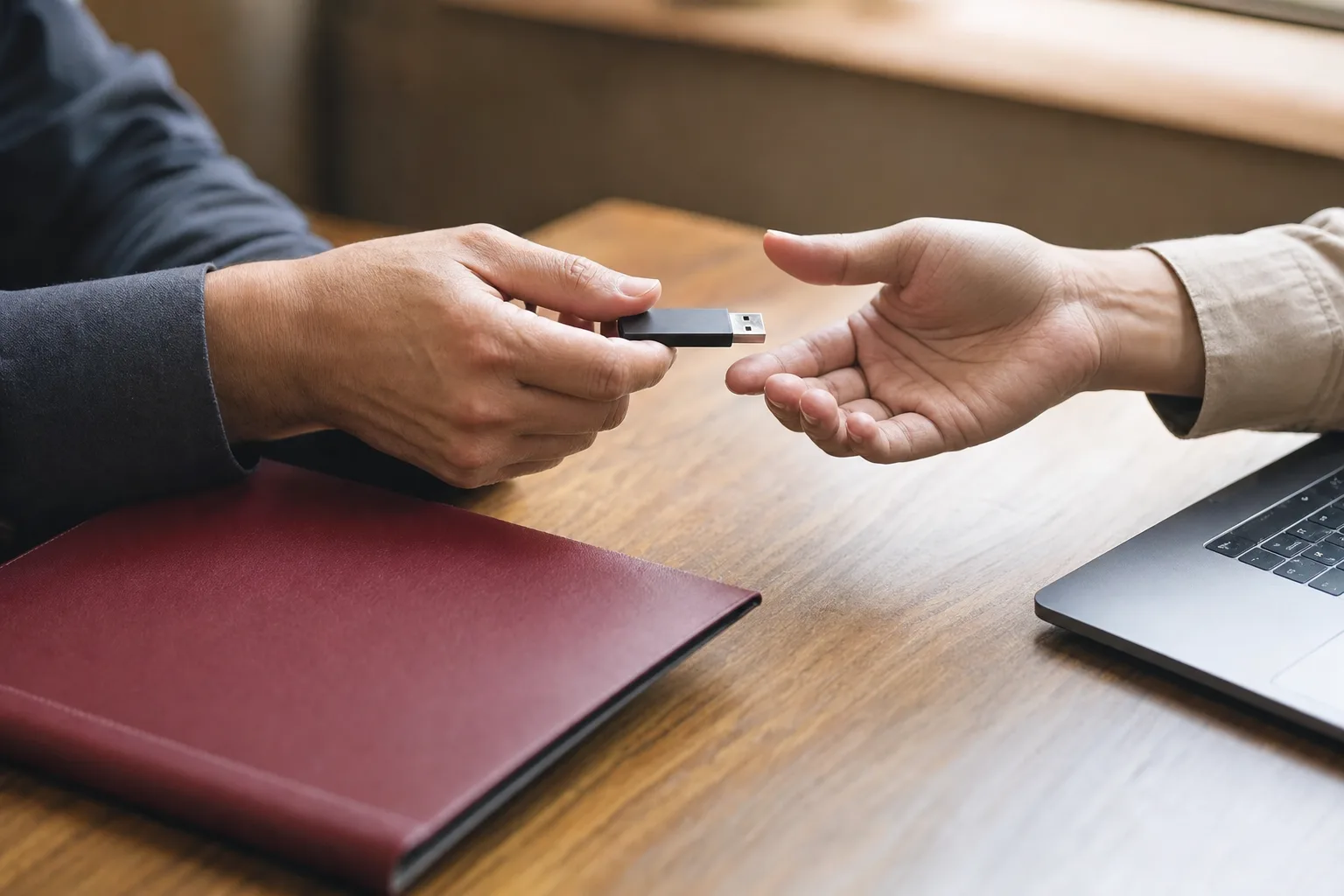 An owner handing a USB drive across a desk to an accountant