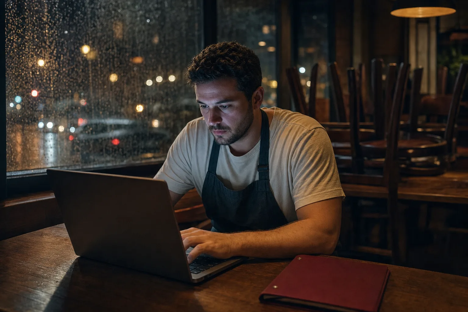 A restaurant owner closing the books at night while rain streaks the window
