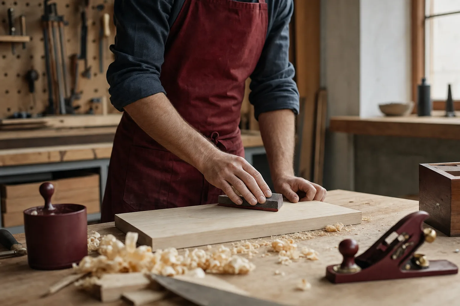 A cabinetmaker sanding a maple board in a sunlit workshop